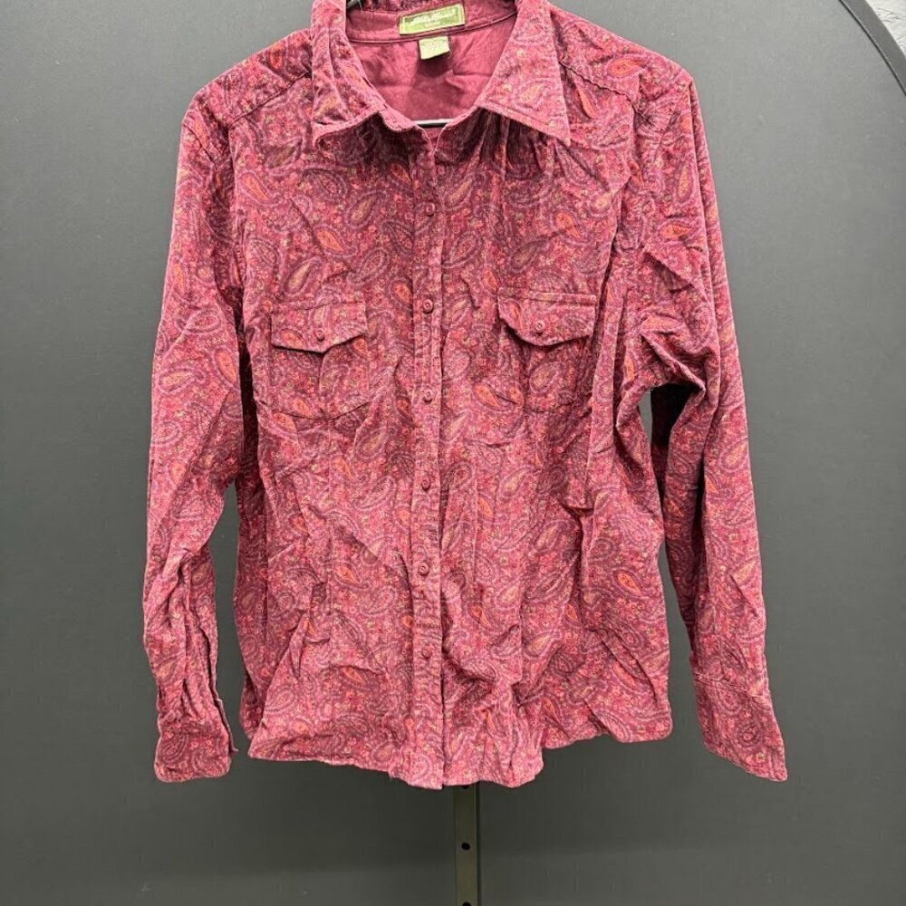 Eddie Bauer Vintage Corduroy Maroon Paisley Button Up Shirt